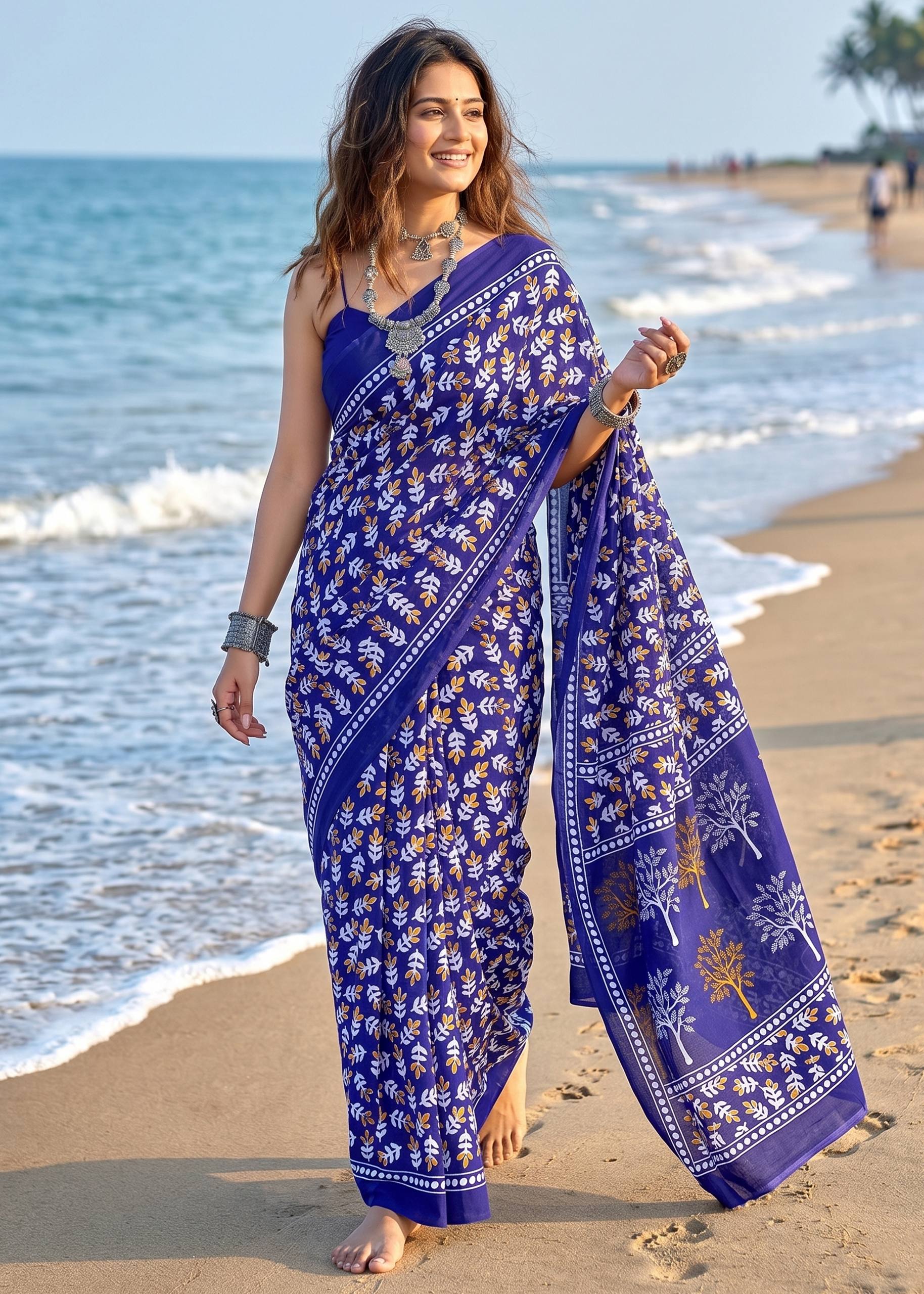 PURE MULMUL COTTON HAND PRINT VIOLET SAREE WITH BLOUSE