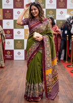 BAGRU BLOCK PRINT SOFT MASLIN COTTON ZARI BORDER OLIVE SAREE WITH BLOUSE
