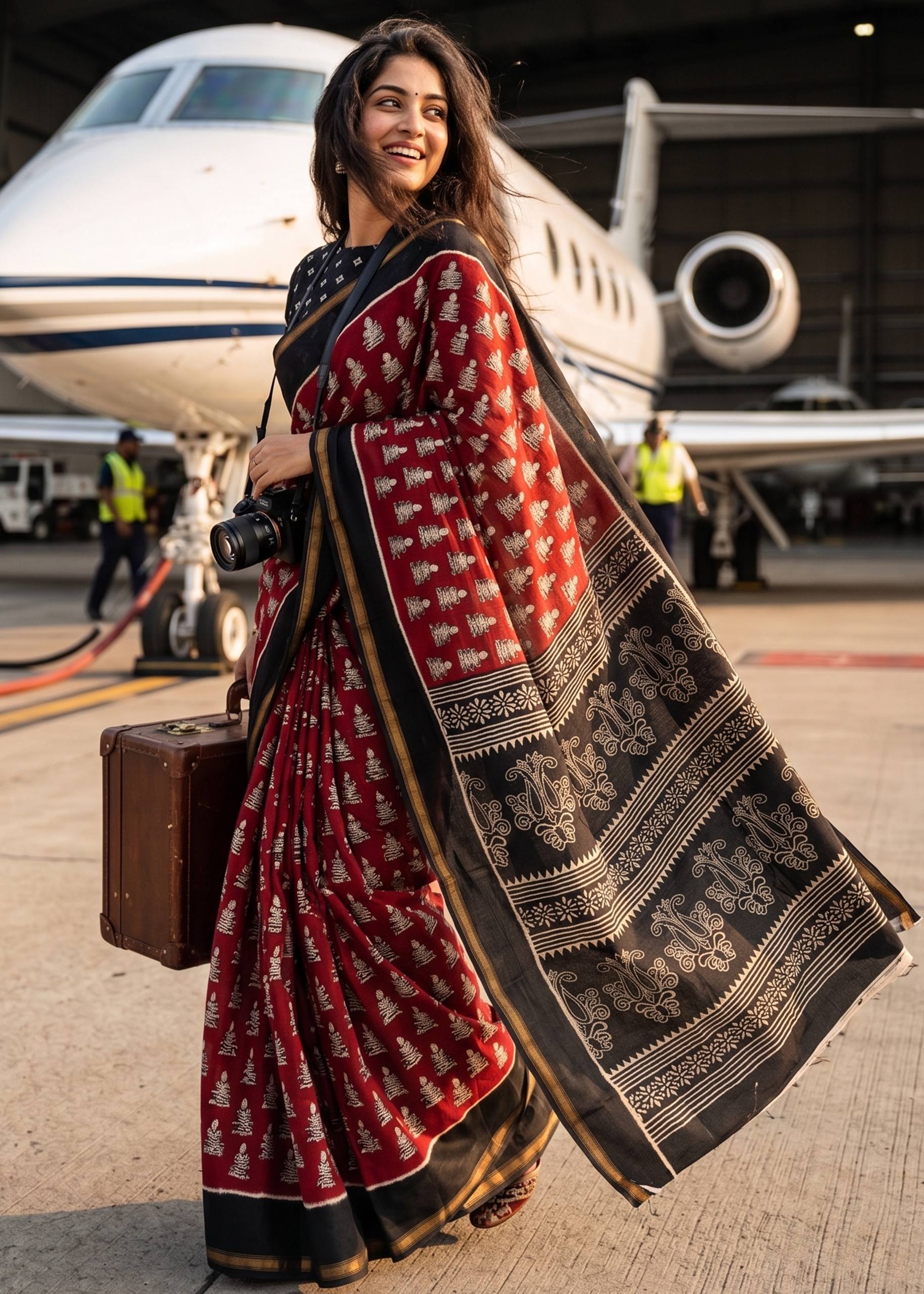 BAGRU BLOCK PRINT SOFT MASLIN COTTON ZARI BORDER BLACK SAREE WITH BLOUSE