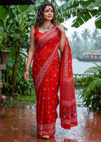 PURE SOFT COTTON BAGRU PRINT RED SAREE WITH BLOUSE