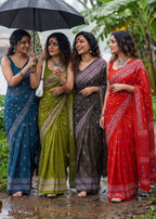 PURE SOFT COTTON BAGRU PRINT BLACK SAREE WITH BLOUSE