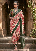 PURE MULMUL COTTON IKKAT PRINT MEHANDI GREEN SAREE WITH BLOUSE
