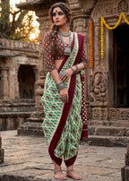 PURE MULMUL COTTON IKKAT PRINT MAROON SAREE WITH BLOUSE