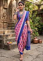 PURE MULMUL COTTON IKKAT PRINT PINK AND BLUE SAREE WITH BLOUSE