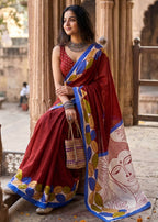 PURE MULMUL MADHUBANI HAND BLOCK PRINT MAROON SAREE WITH BLOUSE