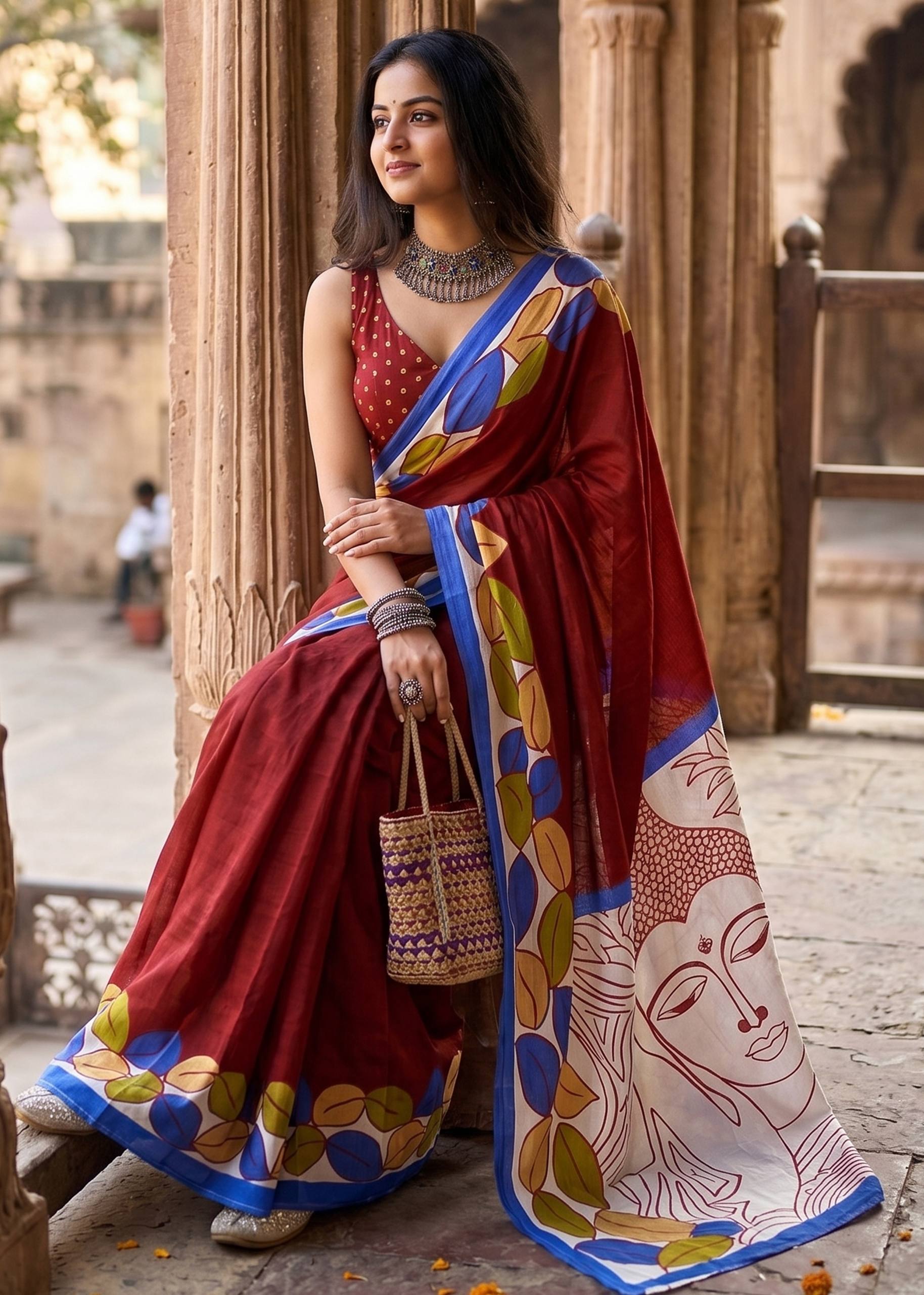 PURE MULMUL MADHUBANI HAND BLOCK PRINT MAROON SAREE WITH BLOUSE