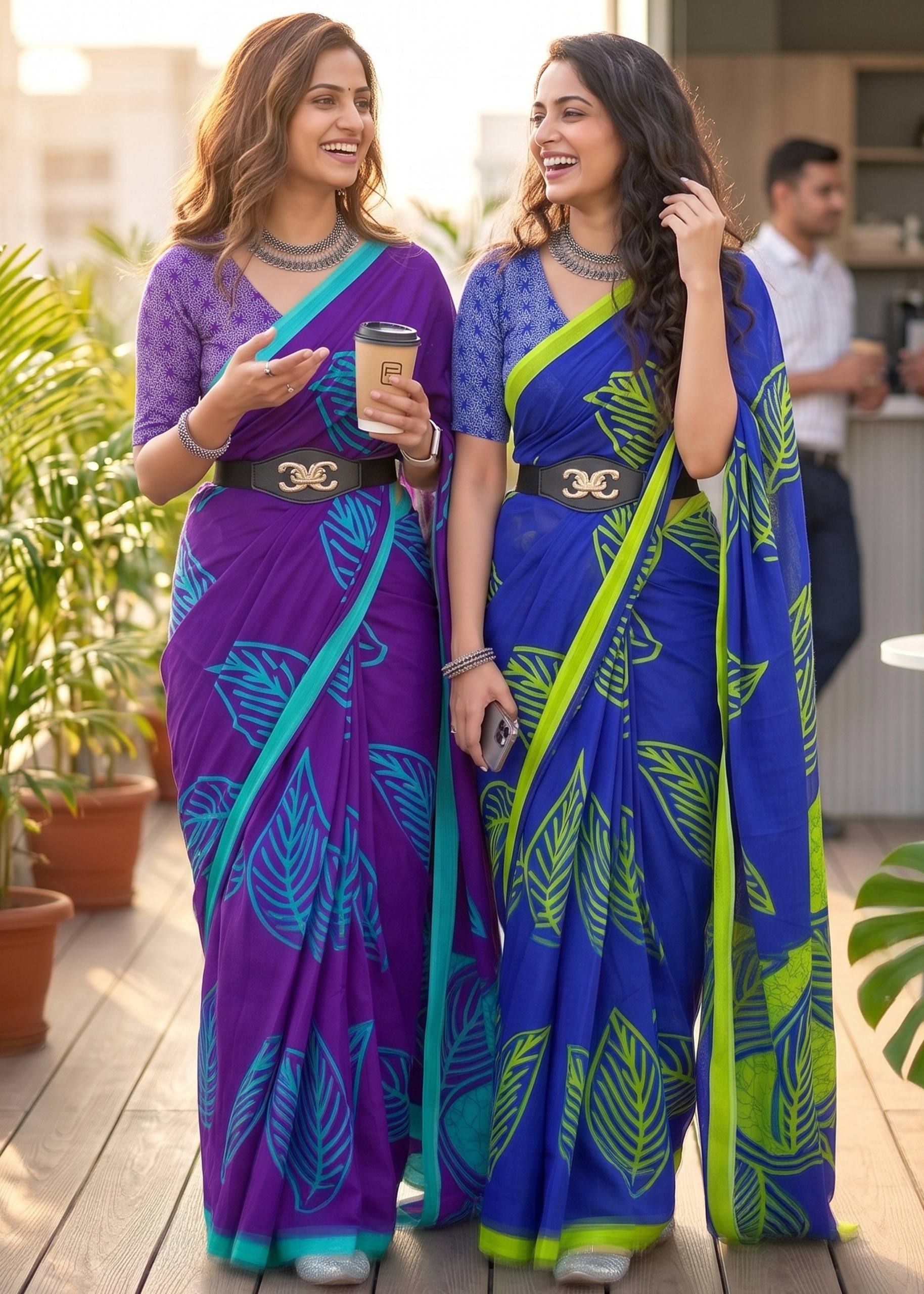 PURE MULMUL MORDAN HAND BLOCK PRINT BLUE SAREE WITH BLOUSE