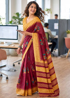 PURE SOFT MULMUL COTTON KALAMKARI HAND BLOCK PRINTE MAROON SAREE WITH BLOUSE