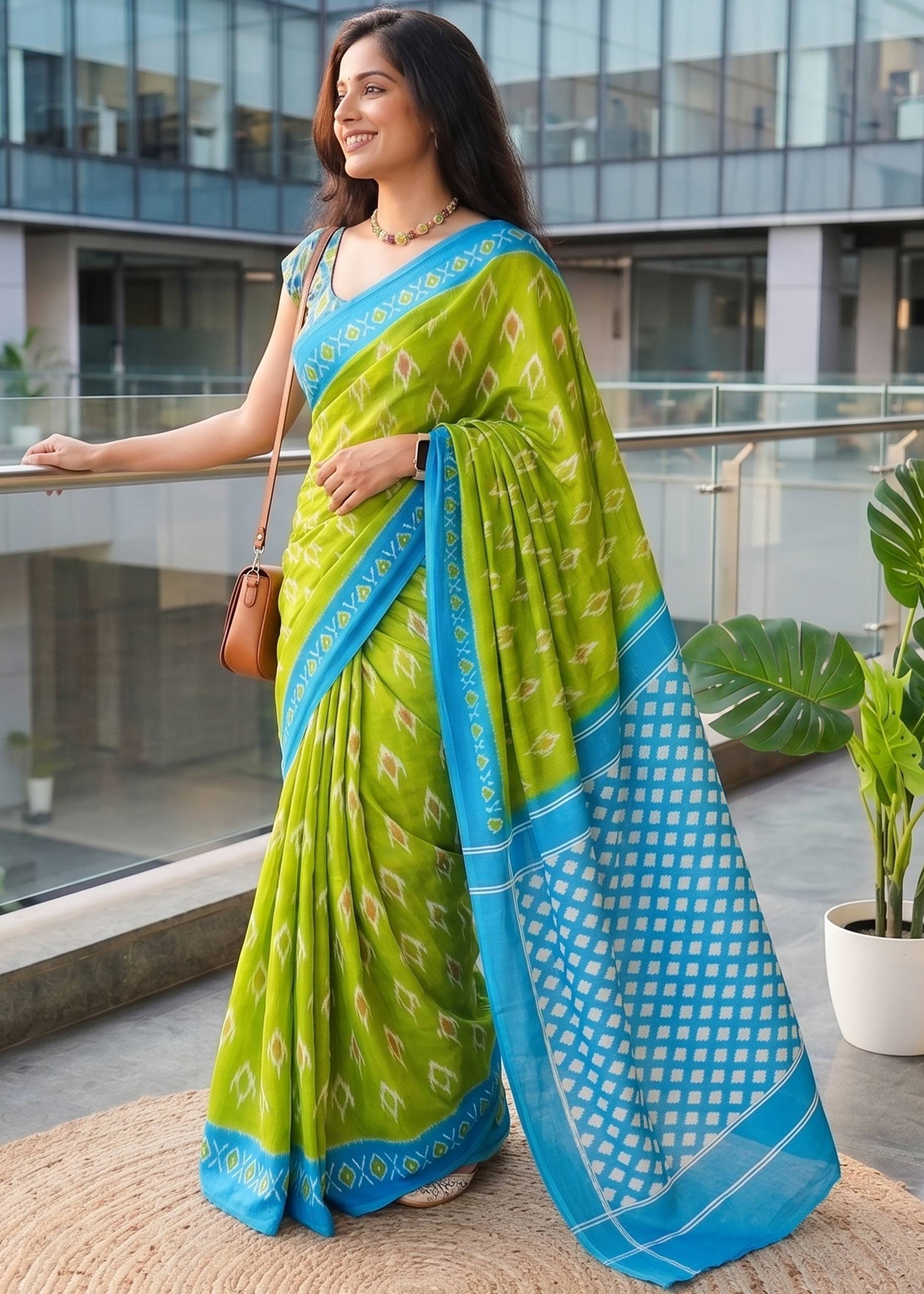 PURE MULMUL COTTON IKKAT PRINT MEHANDI GREEN SAREE WITH BLOUSE