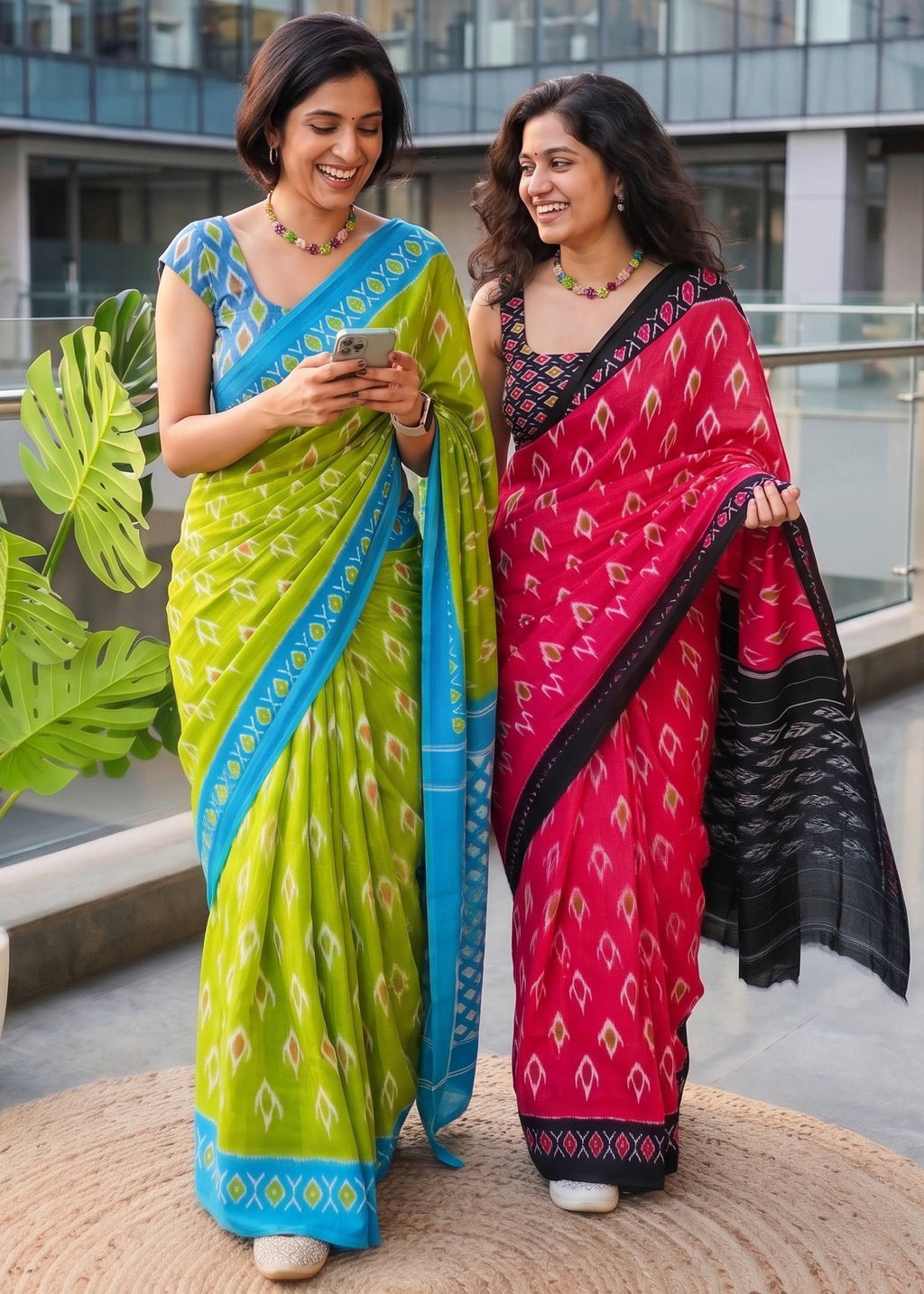 PURE MULMUL COTTON IKKAT PRINT MEHANDI GREEN SAREE WITH BLOUSE