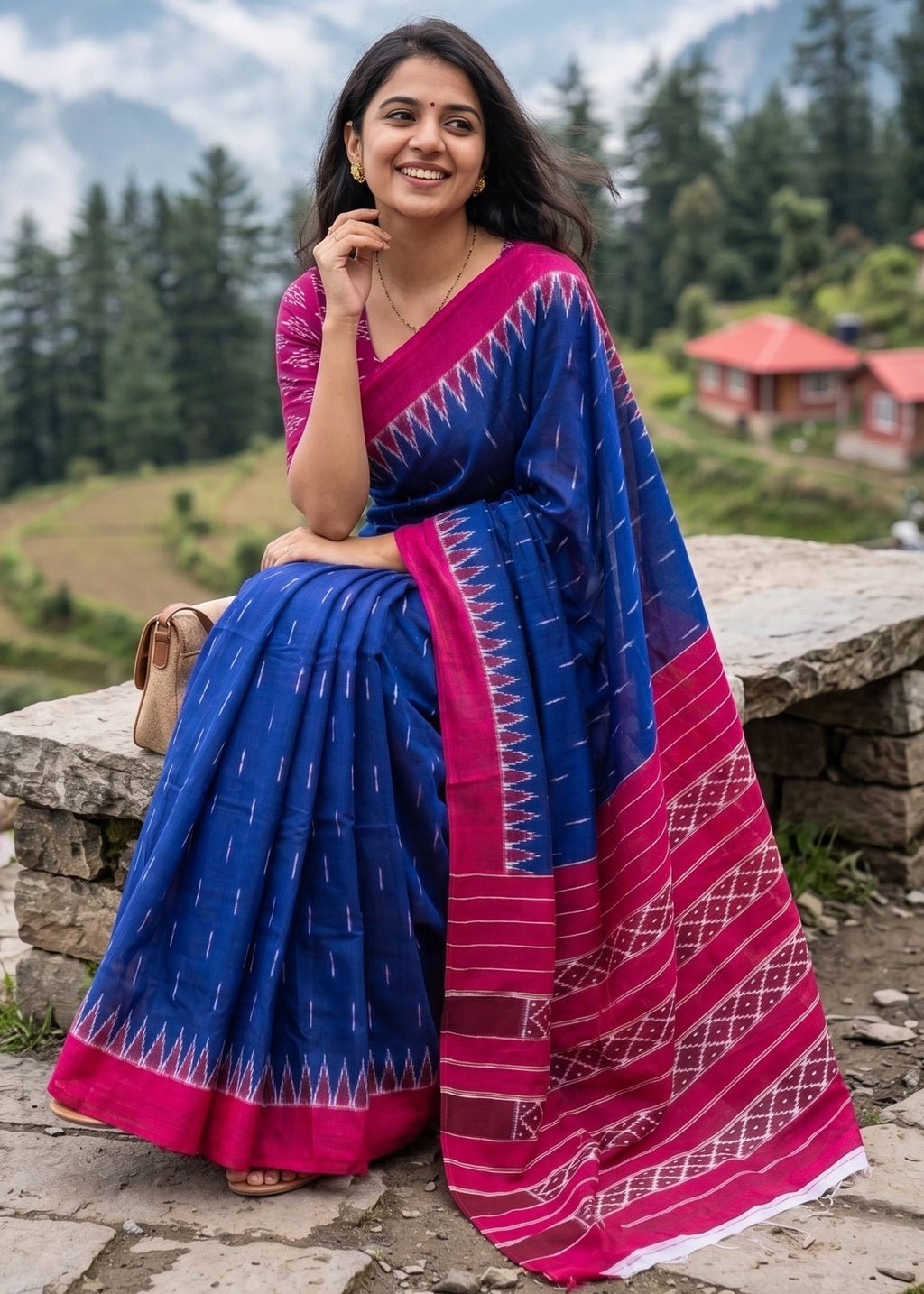 PURE SOFT COTTON BAGRU PRINTE BLUE SAREE WITH BLOUSE