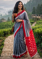 PURE SOFT COTTON BAGRU PRINTE GREY SAREE WITH BLOUSE