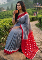 PURE SOFT COTTON BAGRU PRINTE GREY SAREE WITH BLOUSE
