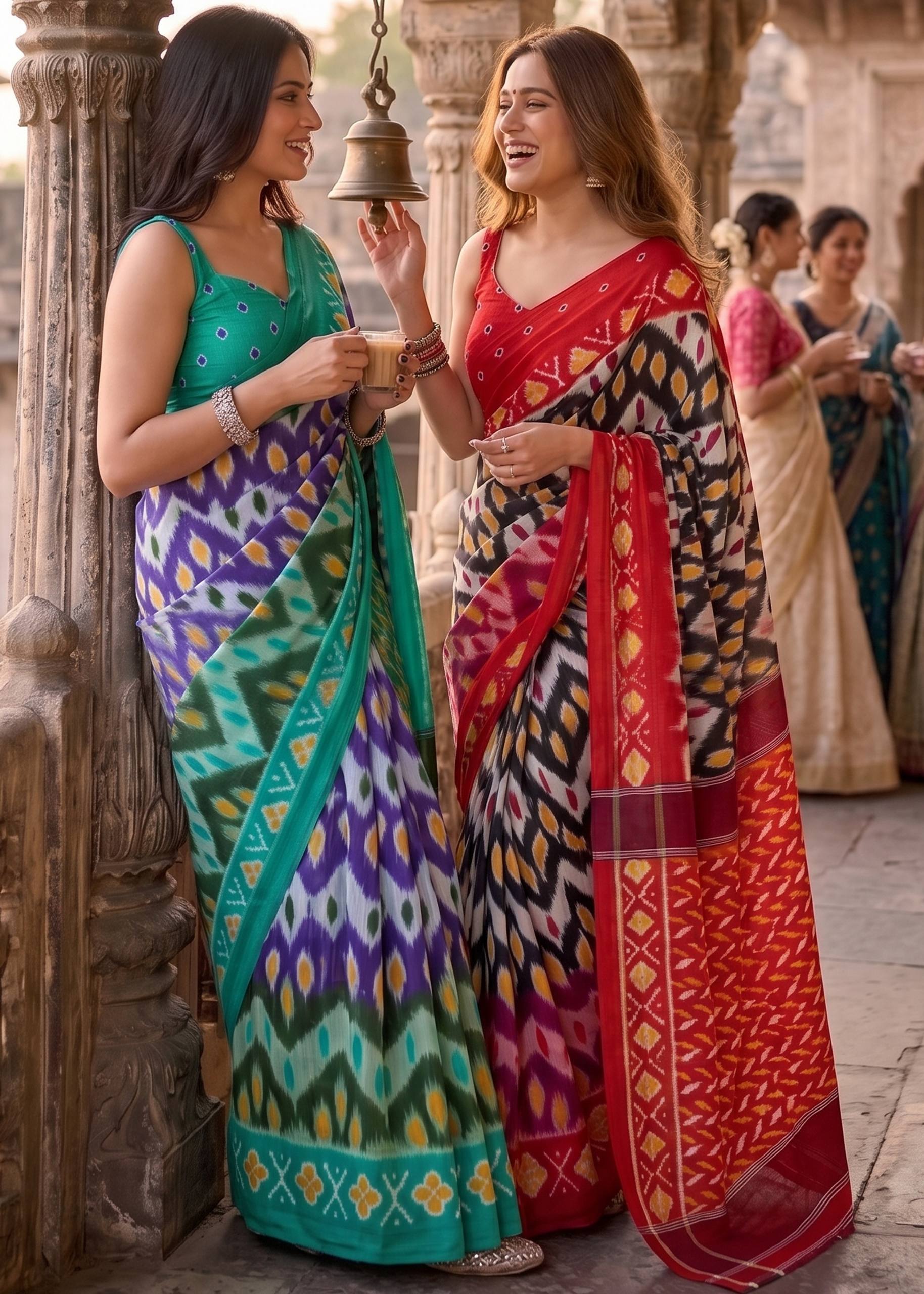 PURE MULMUL COTTON IKKAT PRINT RED SAREE WITH BLOUSE