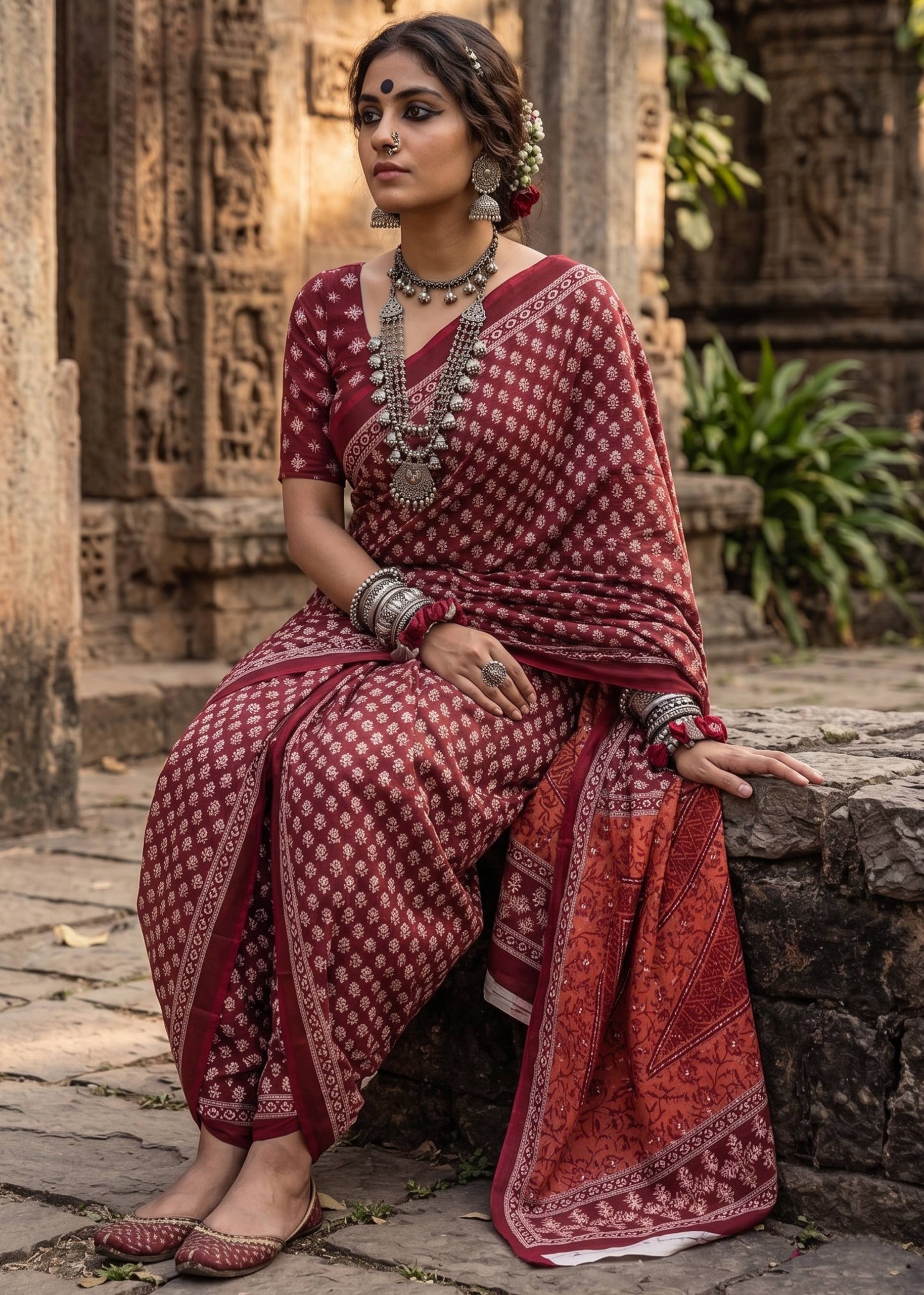 PURE COTTON JAIPUR BLOCK PRINT RED SAREE WITH BLOUSE