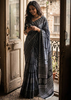 PURE SOFT COTTON BAGRU PRINTE GREY SAREE WITH BLOUSE