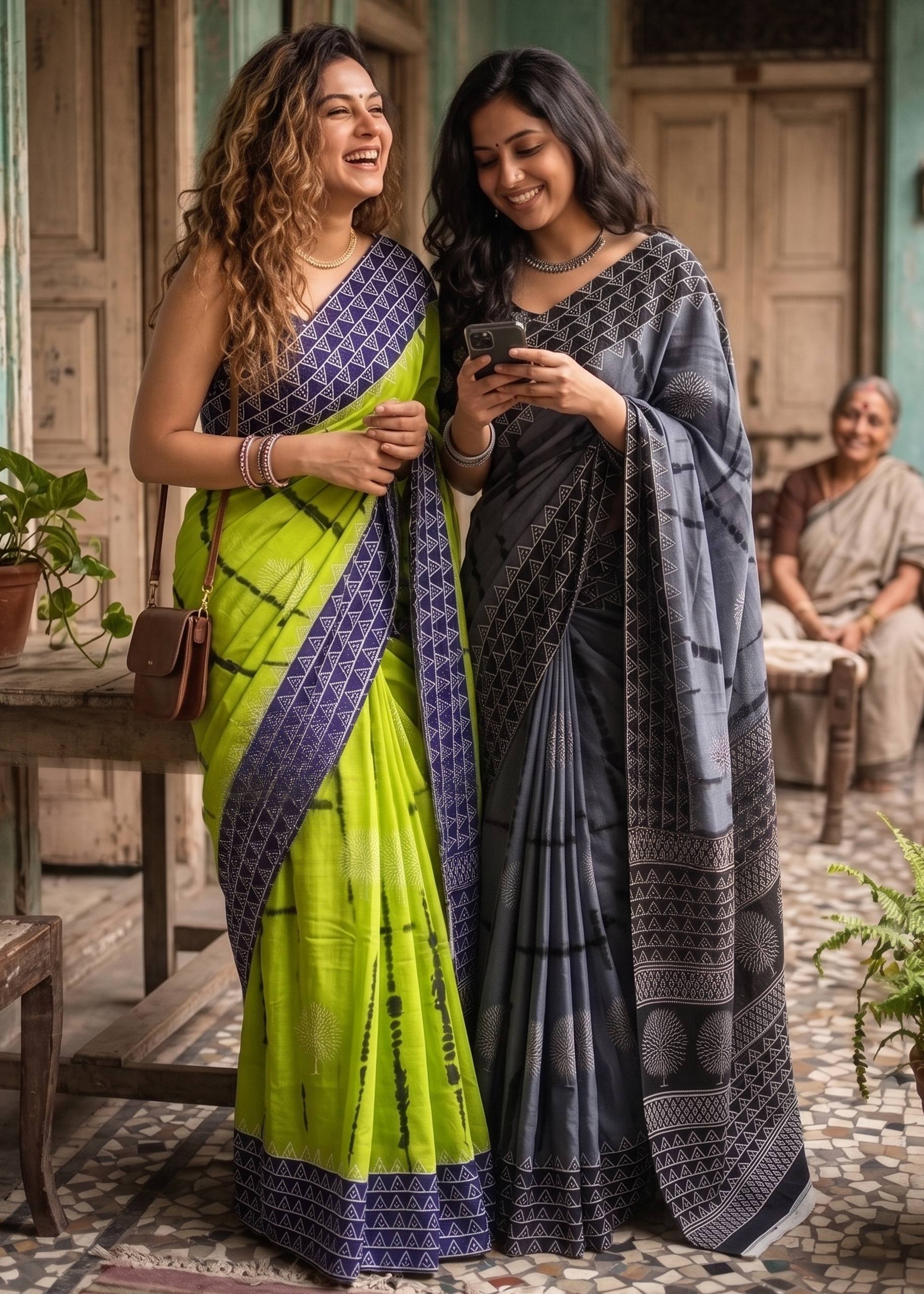 PURE SOFT COTTON BAGRU PRINTE GREEN SAREE WITH BLOUSE