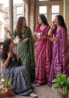 PURE MULMUL COTTON BATIK PRINT GREEN SAREE WITH BLOUSE