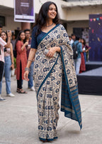 PURE MULMUL COTTON BAGRU PRINT TEAL SAREE WITH BLOUSE
