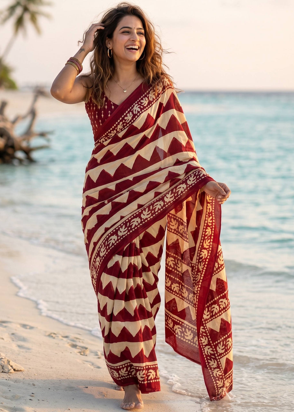 PURE MULMUL COTTON ZIGZAG HAND BLOCK PRINTE MAROON SAREE WITH BLOUSE