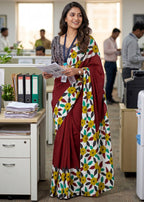 PURE MULMUL COTTON FLORAL PRINTED BLOCK PRINT MAROON SAREE WITH BLOUSE