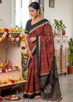 PURE MULMUL COTTON BAGRU SANSKRIT MANTRAS BLOCK PRINTED ORANGE SAREE WITH BLOUSE