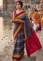 PURE MULMUL COTTON IKKAT HAND BLOCK PRINT GREY SAREE WITH BLOUSE