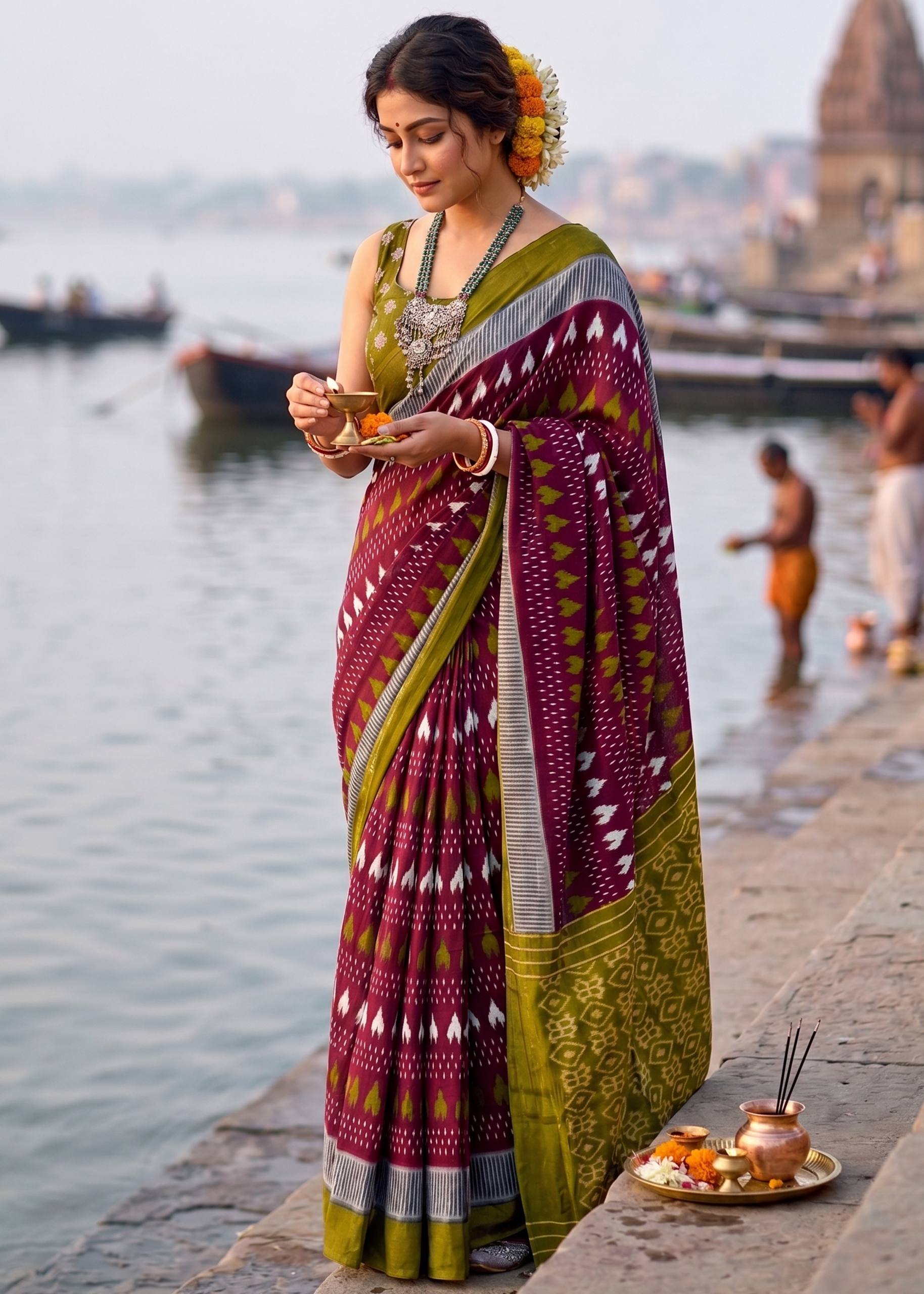 PURE MULMUL COTTON IKKAT HAND BLOCK PRINT MAROON SAREE WITH BLOUSE