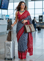 PURE SOFT COTTON BAGRU HAND BLOCK PRINTE GREY SAREE WITH BLOUSE