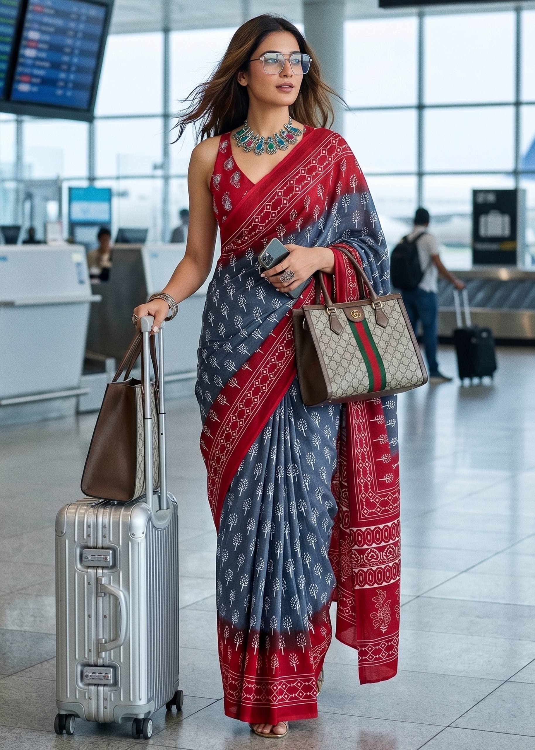 PURE SOFT COTTON BAGRU HAND BLOCK PRINTE GREY SAREE WITH BLOUSE