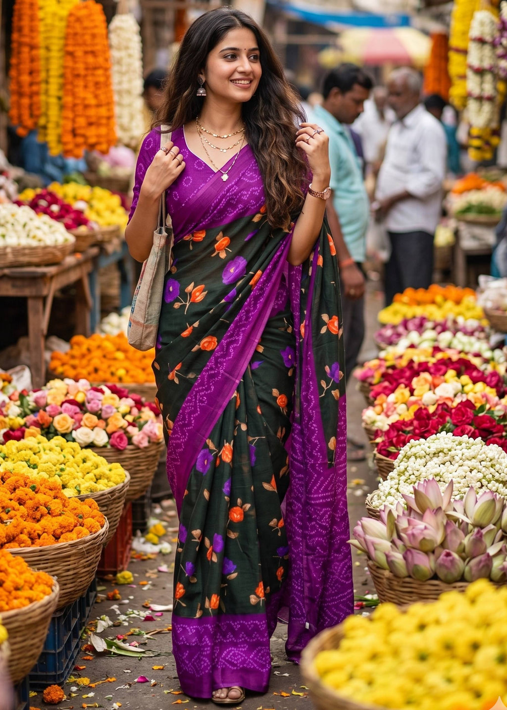 PURE MULMUL COTTON FLOWER WITH BANDHANI BLOCK PRINT BLACK SAREE WITH BLOUSE