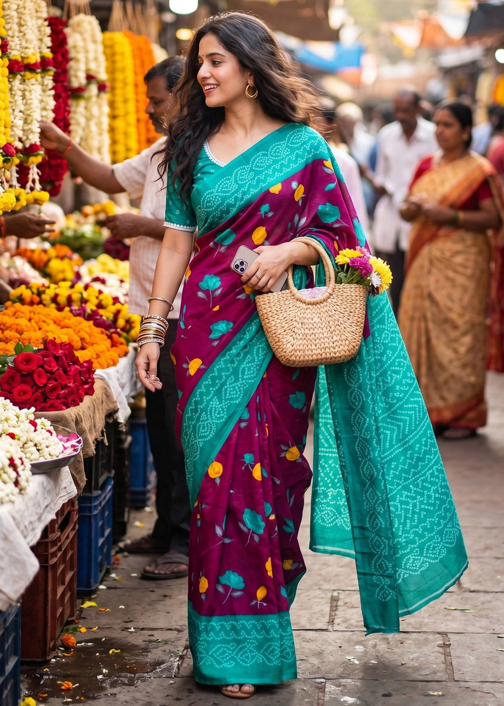 PURE MULMUL COTTON FLOWER WITH BANDHANI BLOCK PRINT PURPLE SAREE WITH BLOUSE