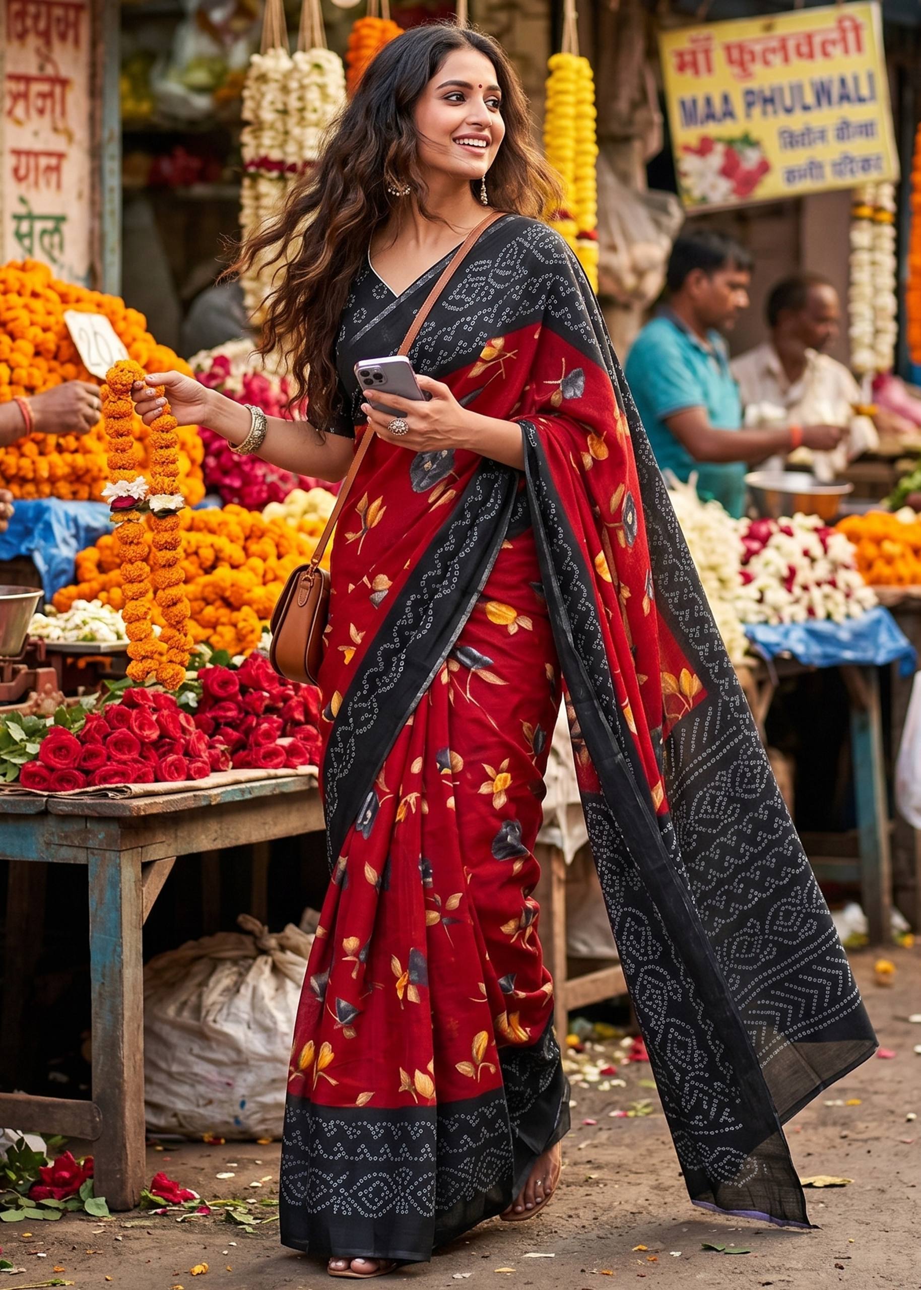 PURE MULMUL COTTON FLOWER WITH BANDHANI BLOCK PRINT RED SAREE WITH BLOUSE