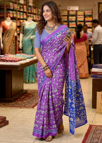 PURE MULMUL SOFT COTTON FLORAL HAND BLOCK PRINT PURPLE SAREE WITH BLOUSE