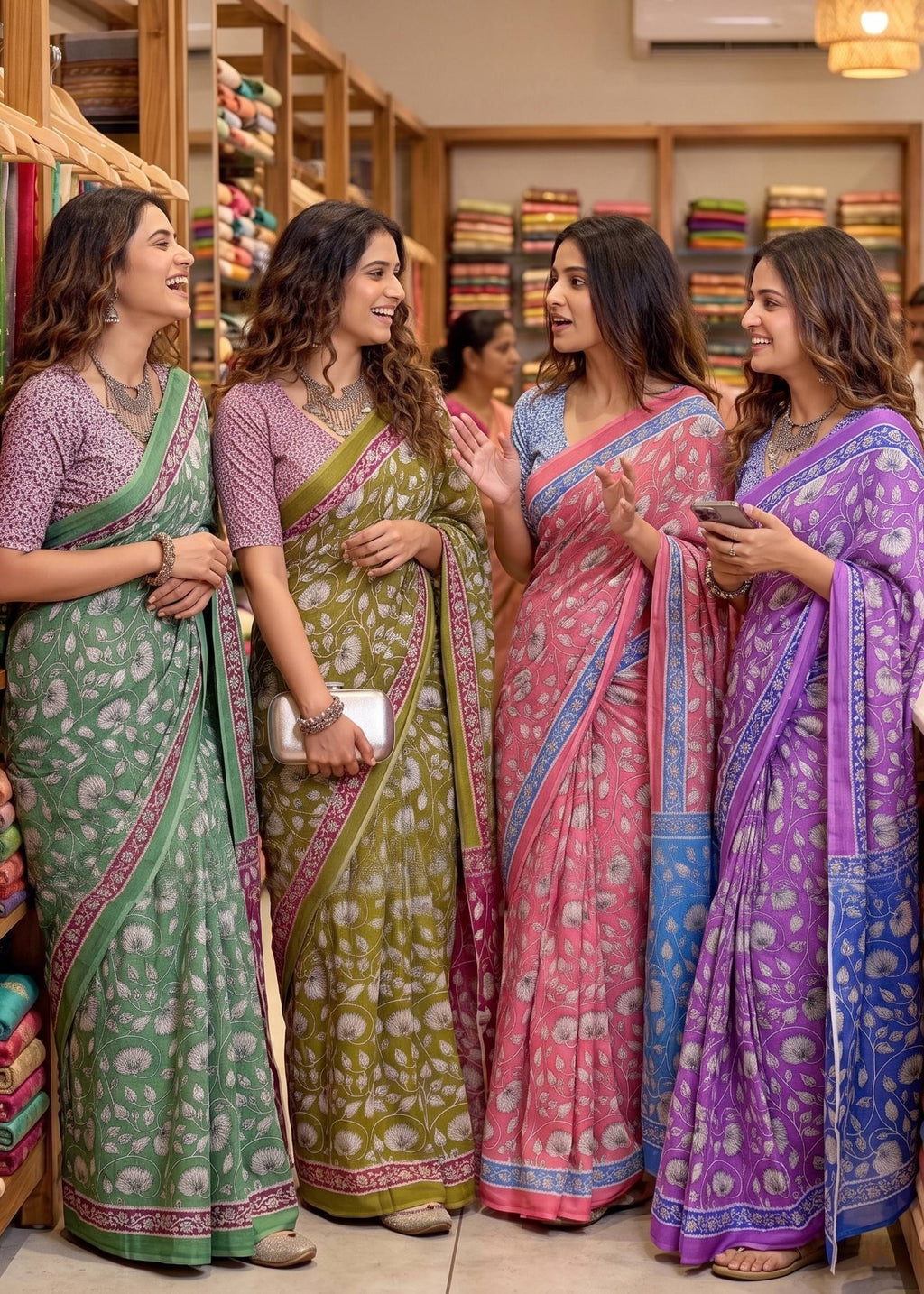 PURE MULMUL SOFT COTTON FLORAL HAND BLOCK PRINT MEHANDI GREEN SAREE WITH BLOUSE
