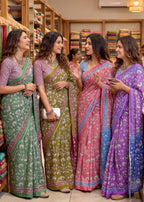 PURE MULMUL SOFT COTTON FLORAL HAND BLOCK PRINT GREEN SAREE WITH BLOUSE