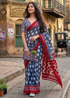 PURE SOFT COTTON IKKAT PRINT GREY SAREE WITH BLOUSE