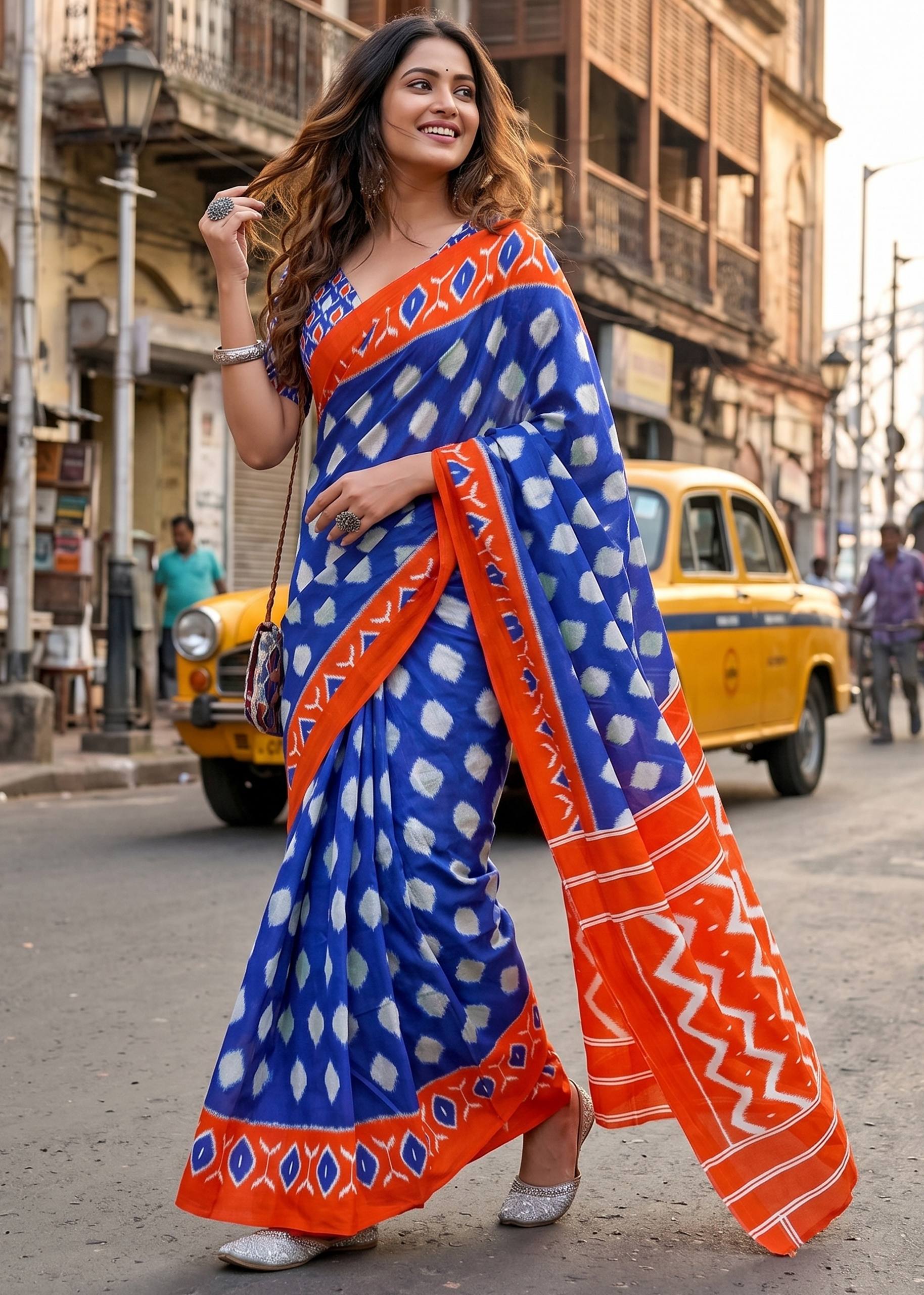 PURE SOFT COTTON IKKAT PRINT VIOLET SAREE WITH BLOUSE