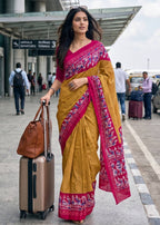 PURE SOFT COTTON BATIK PRINT MUSTARD SAREE WITH BLOUSE