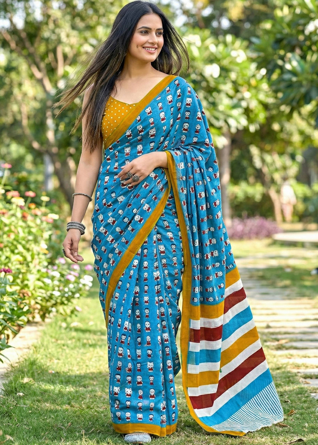MULMUL SOFT COTTON CARTOON BAGRU BLOCK PRINT BLUE SAREE WITH BLOUSE
