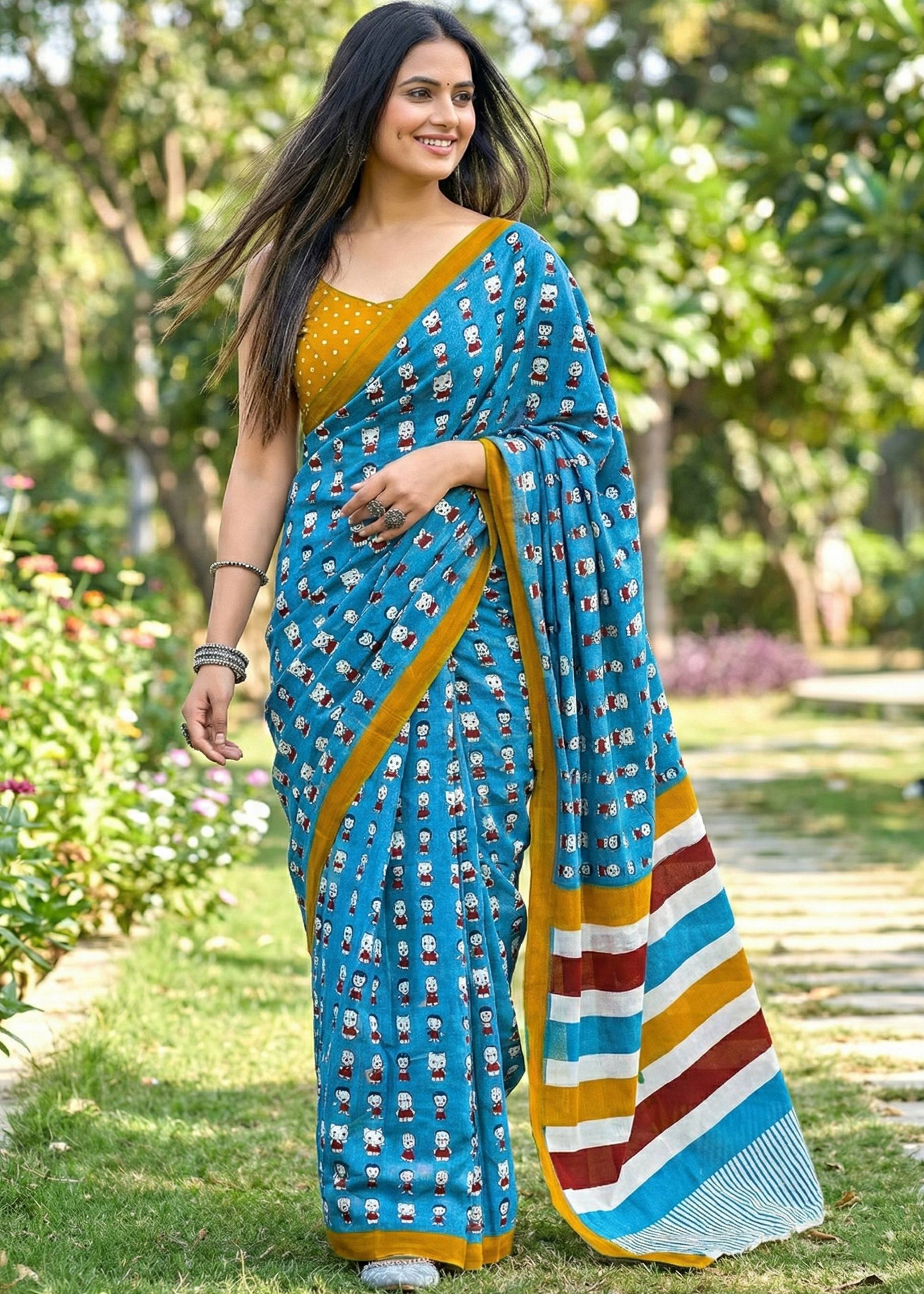MULMUL SOFT COTTON CARTOON BAGRU BLOCK PRINT BLUE SAREE WITH BLOUSE