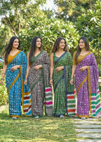 MULMUL SOFT COTTON CARTOON BAGRU BLOCK PRINT GREEN SAREE WITH BLOUSE