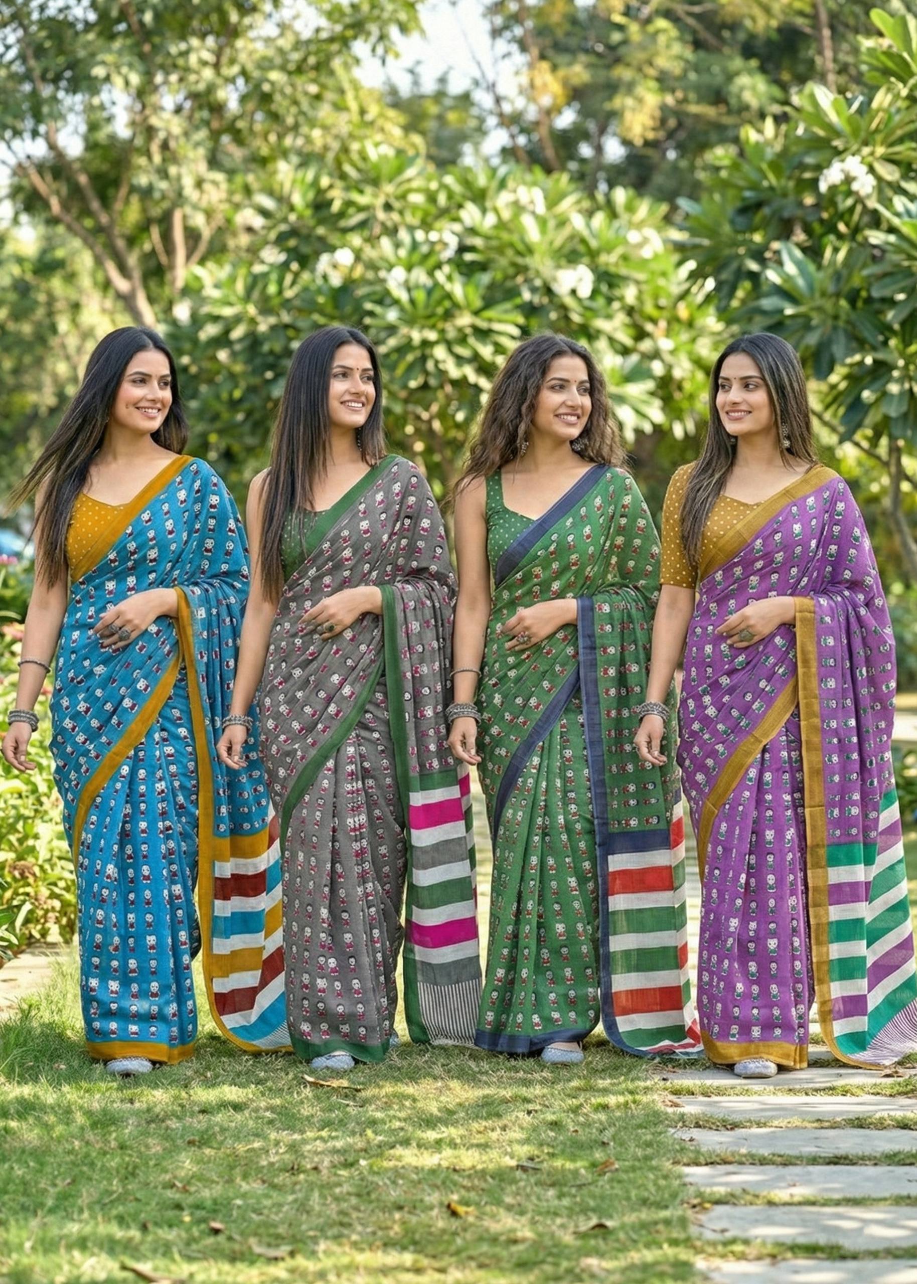 MULMUL SOFT COTTON CARTOON BAGRU BLOCK PRINT GREEN SAREE WITH BLOUSE
