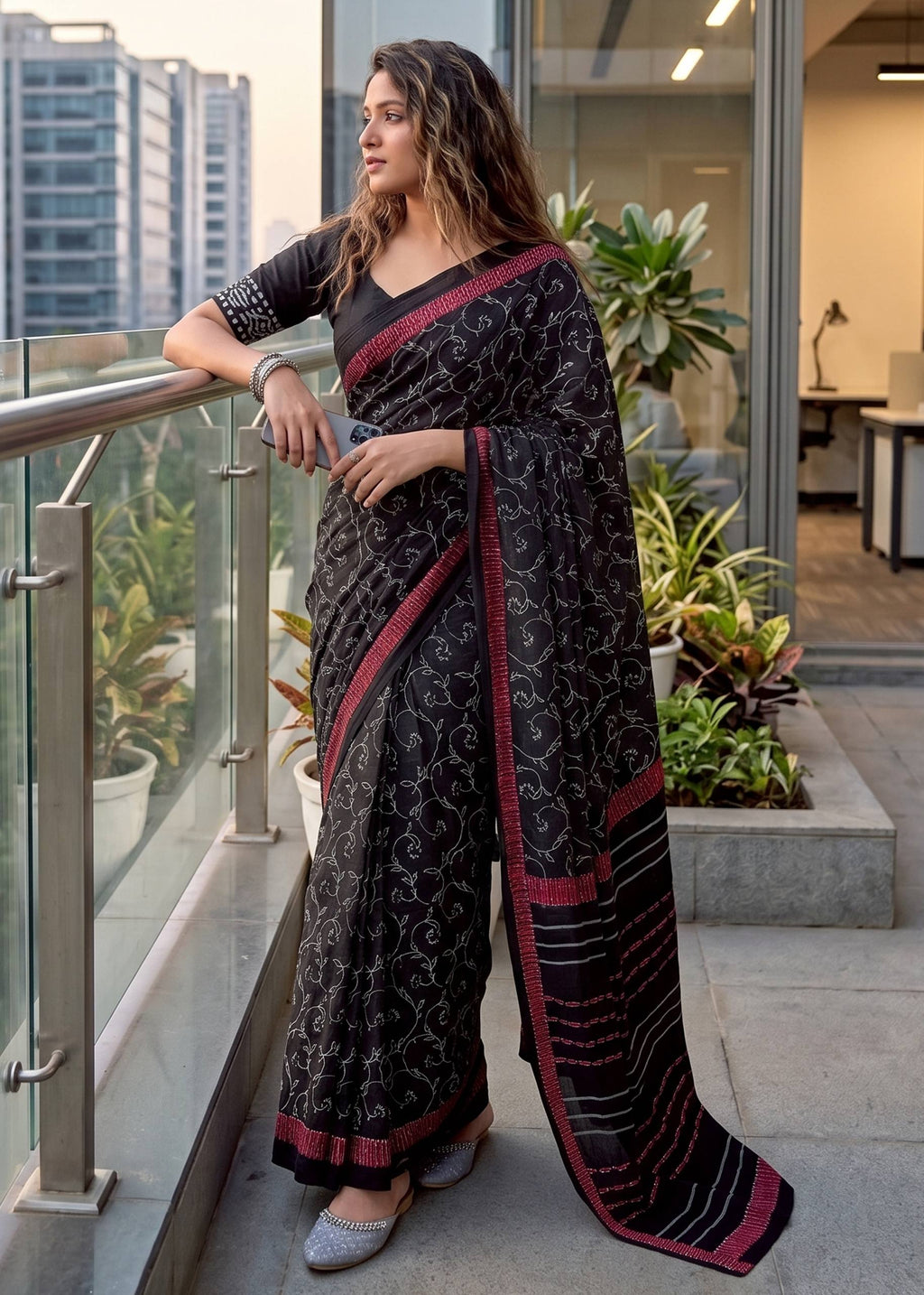 MULMUL PURE SOFT COTTON FANCY BAGRU BLOCK PRINT BLACK SAREE WITH BLOUSE