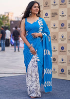 MULMUL PURE SOFT COTTON FANCY BAGRU BLOCK PRINT BLUE SAREE WITH BLOUSE
