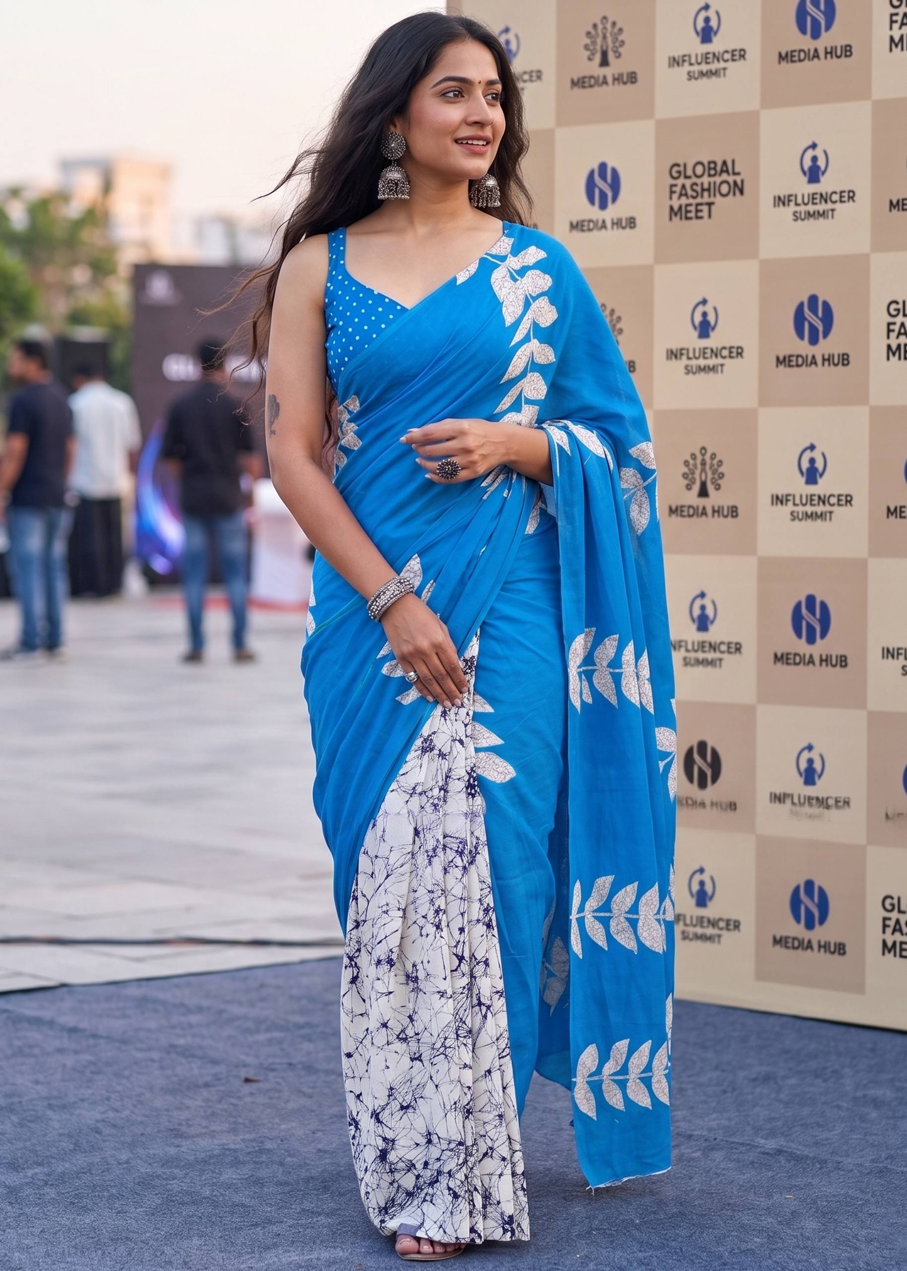 MULMUL PURE SOFT COTTON FANCY BAGRU BLOCK PRINT BLUE SAREE WITH BLOUSE