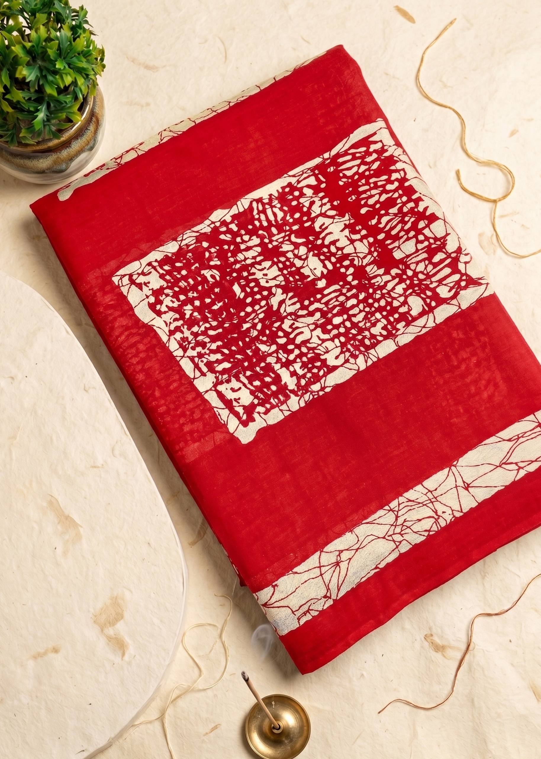 PREMIUM COTTON MULMUL BLEND RED SAREE WITH BLOUSE