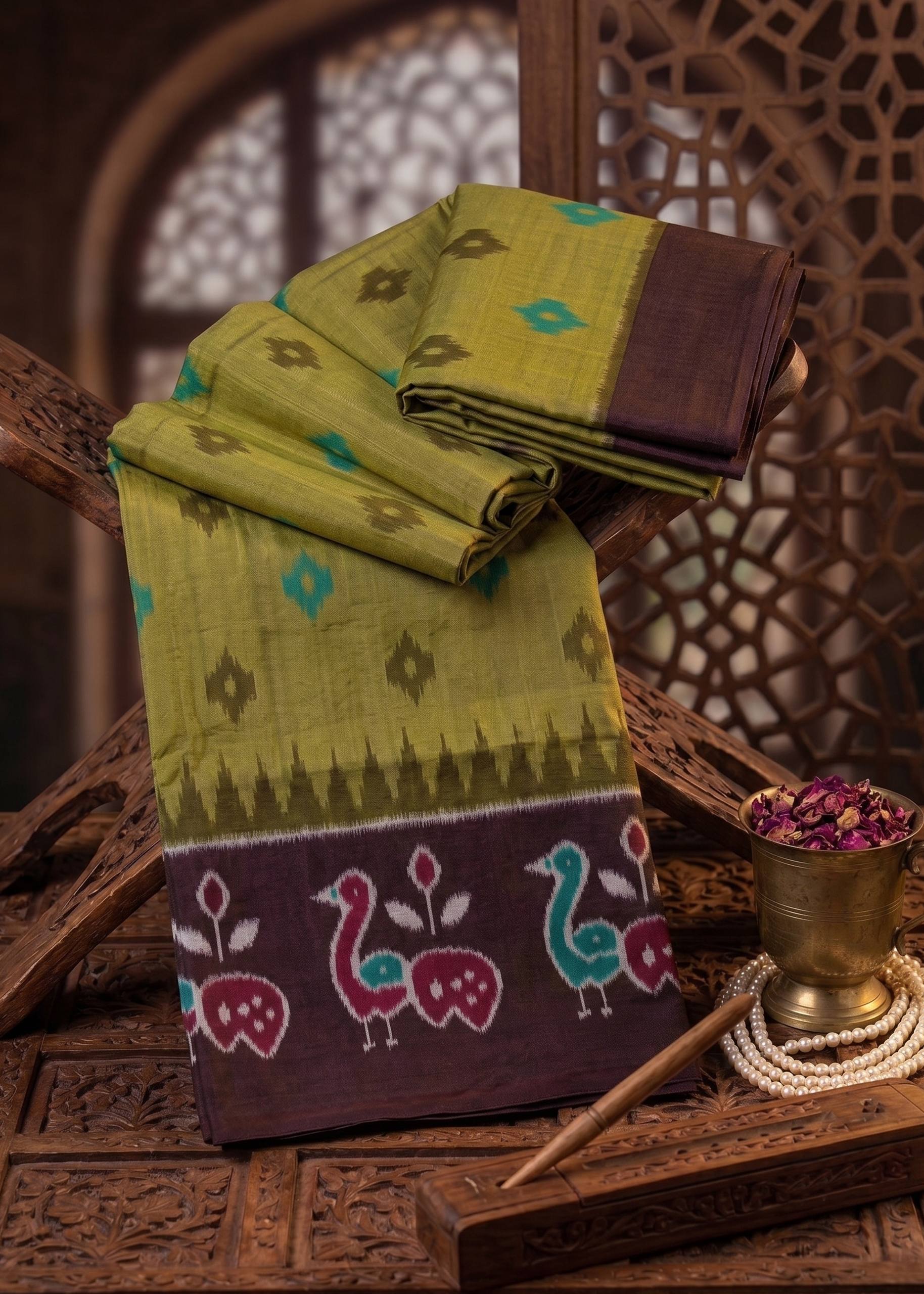 PREMIUM COTTON MULMUL BLEND MEHANDI GREEN SAREE WITH BLOUSE