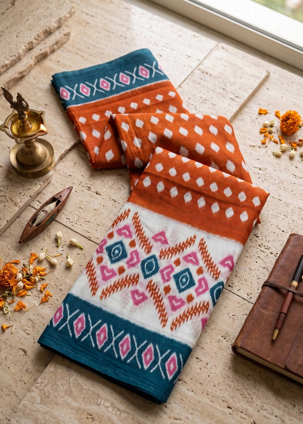 PREMIUM COTTON MULMUL BLEND ORANGE SAREE WITH BLOUSE
