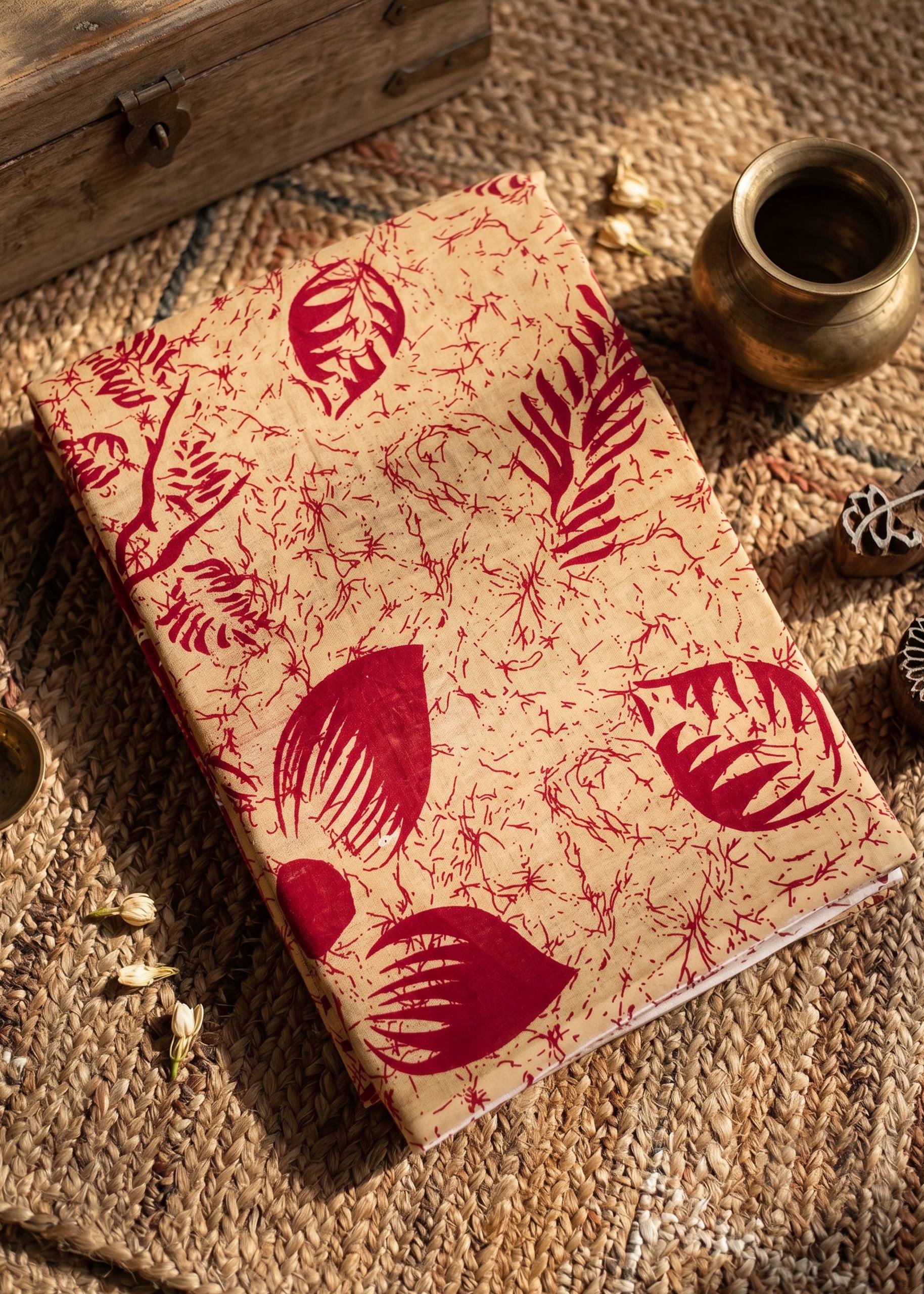PREMIUM BREATHABLE COTTON BATIK BLOCK PRINT BEIGE AND RED SAREE WITH BLOUSE